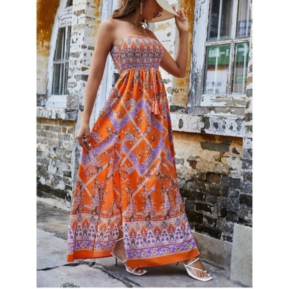 Floral & Paisley Print Shirred Hem Tube Dress - Picture 1 of 7